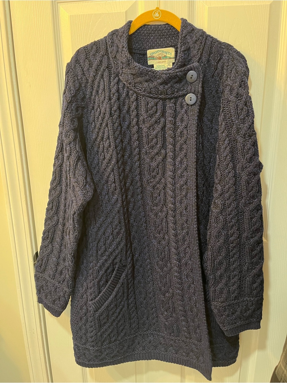 Aran Crafts Navy 💯 Merino Wool. Ireland. Sweater Coat / Cardigan. Size XL. NWT - Picture 7 of 9